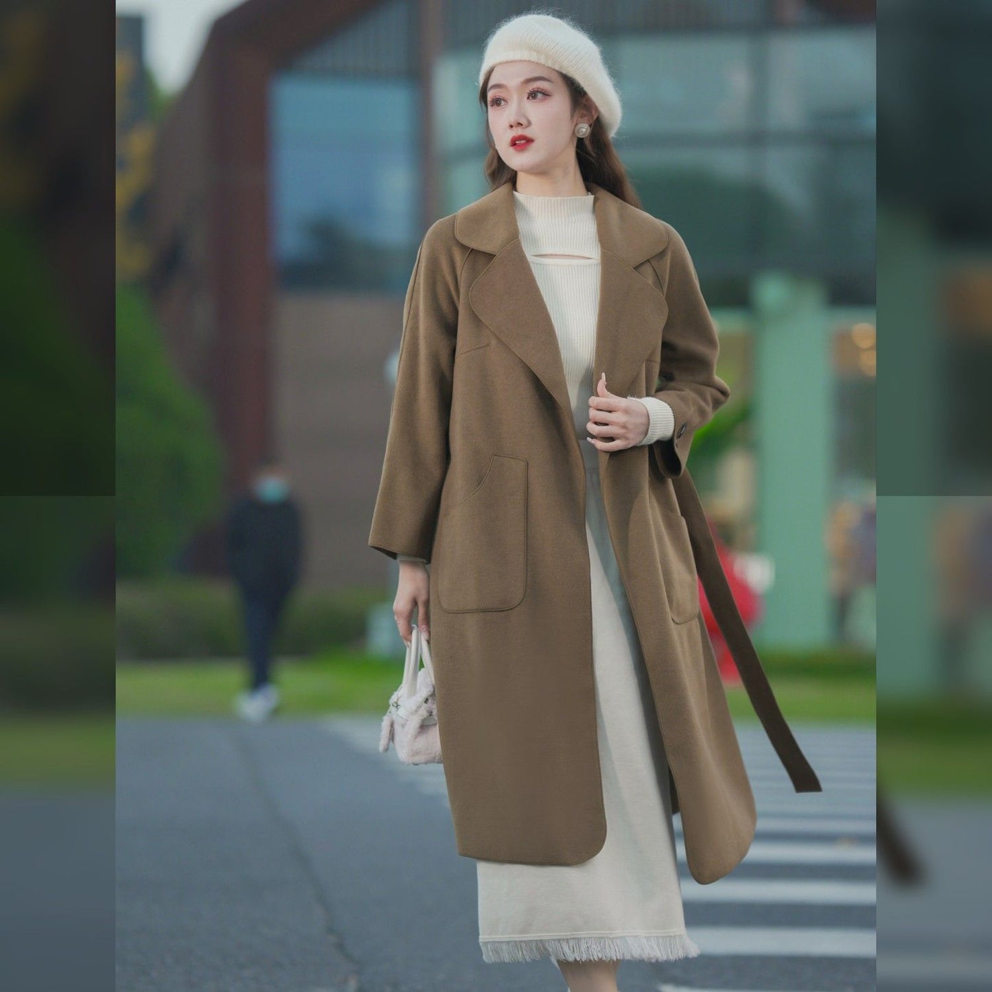 P long double-sided woolen coat fashionable waist woolen coat women's coat trendy coat