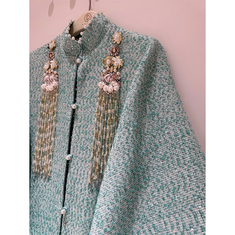 P Beaded Ostrich Hair Long Jacket