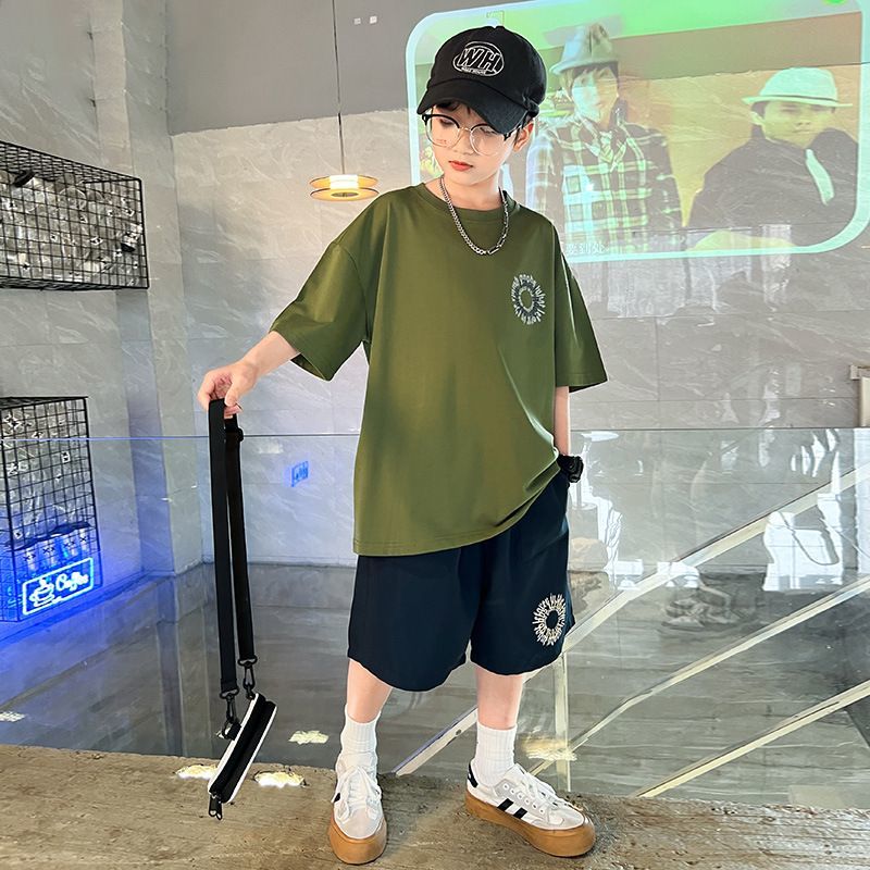 P boys summer suit new middle-aged and older boys children summer two-piece set short-sleeved handsome clothes
