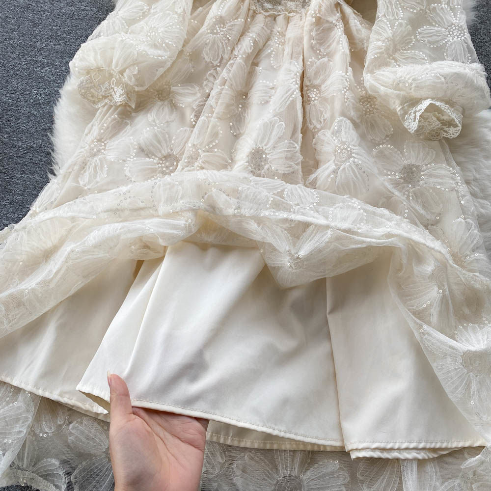 P Gentle Wind Feminine Flavor Waist Skinny Long Sleeve First Love Skirt A-word Skirt Elegant Temperament V-Neck Lace Even...