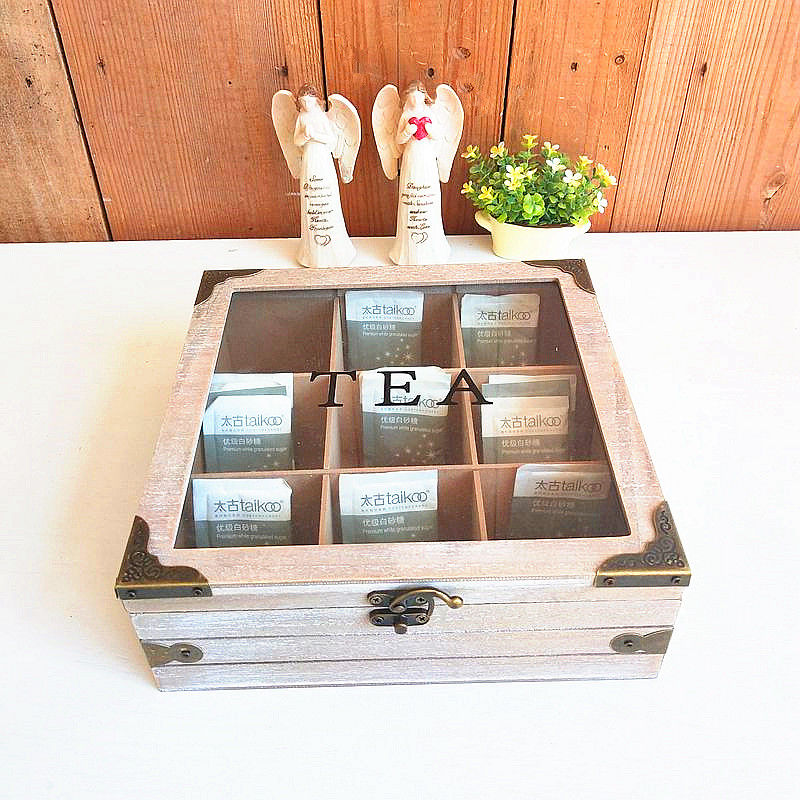 A Nordic retro desktop tea bag box storage box wooden nine-grid tea bag finishing box creative home decoration