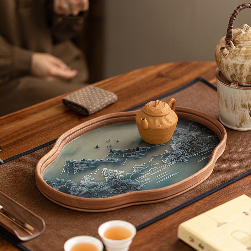P landscape glass tray retro bamboo dry brewed tea tray fruit snack tray kung fu tea set tea cup storage tray