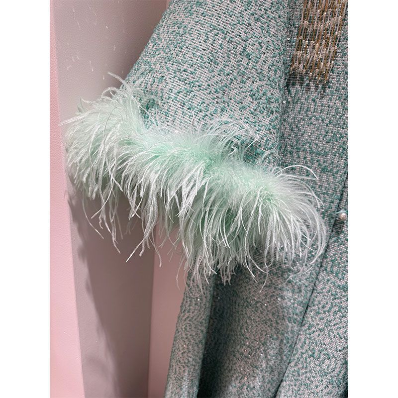 P Beaded Ostrich Hair Long Jacket