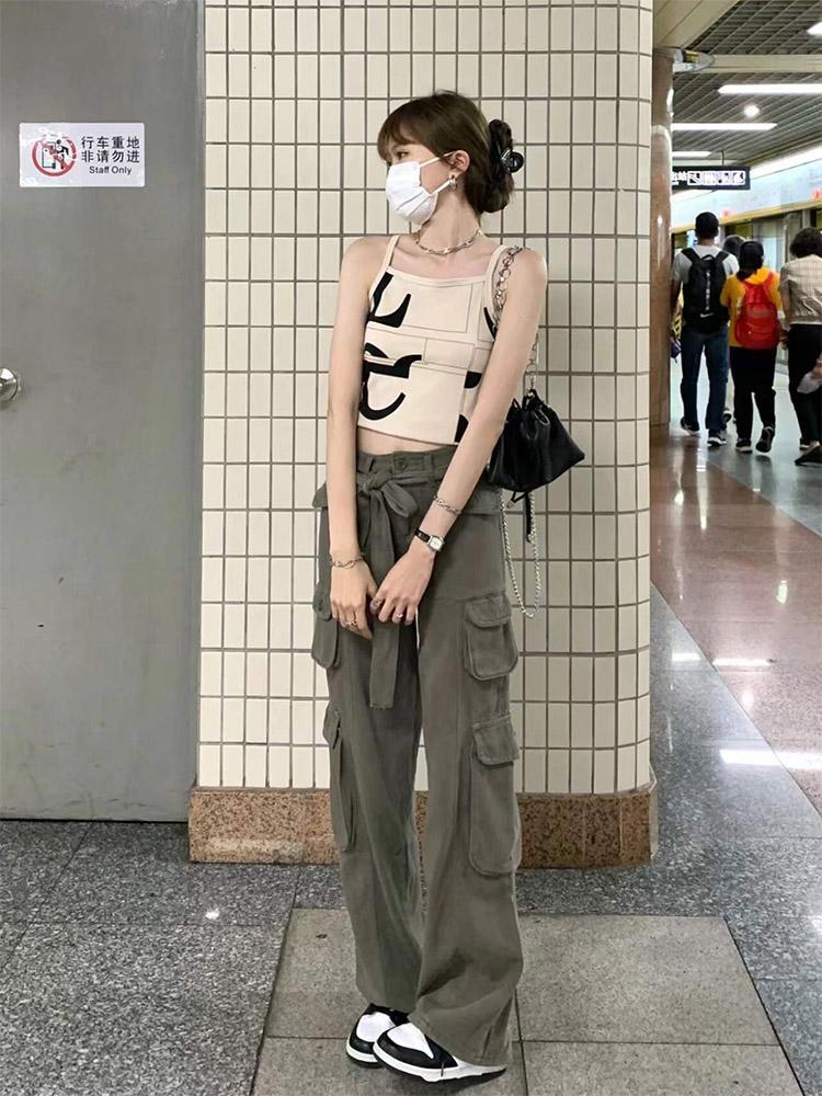 P American retro hip-hop style multi-pocket overalls women's high-waisted and thin floor-mopping jeans loose large-size straight-leg pants