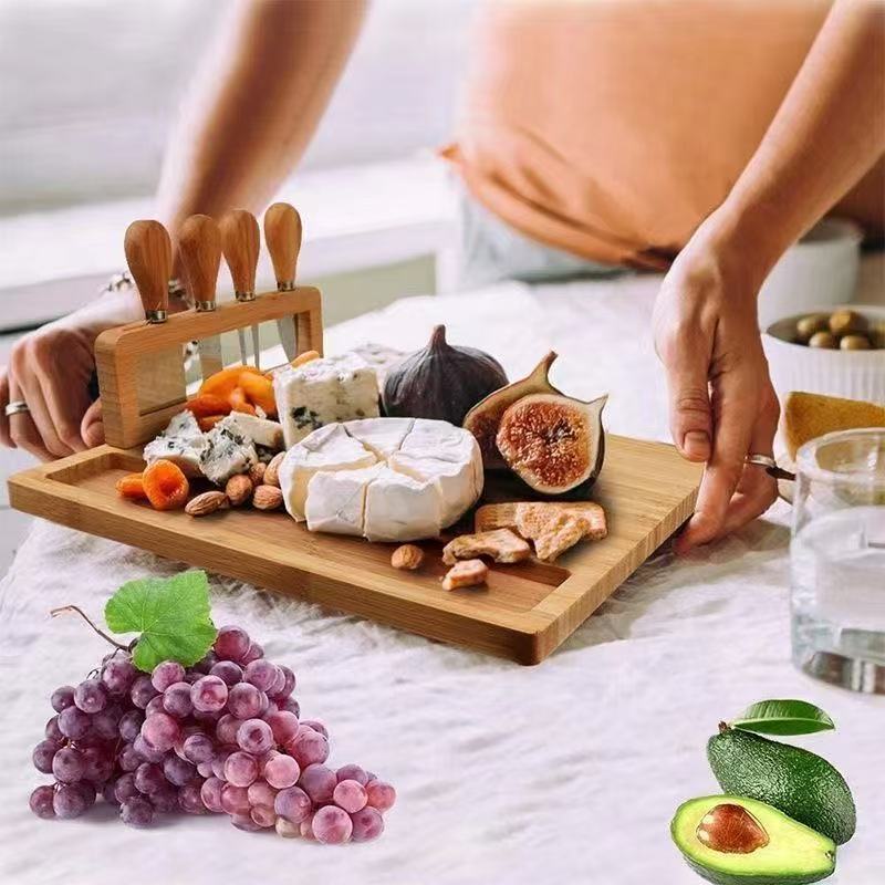 A Bamboo Plate Western Food Outdoor Pizza Plate with Knife Set Cutting Board Convenient Wooden Tray Cheese Board Set