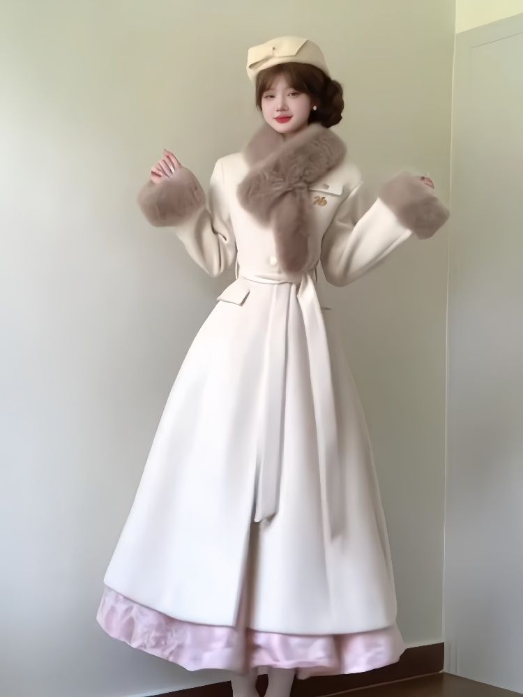 P fur collar long sleeve jacket