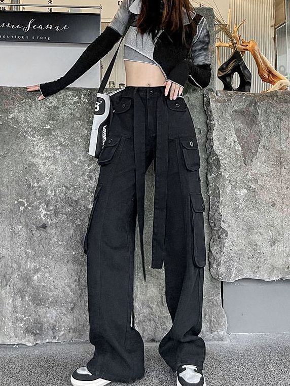 P black American retro denim overalls women's autumn clothing European and American high street vibe niche design wide-leg trousers