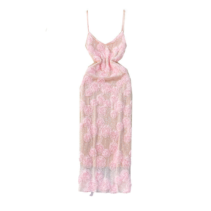 P socialite beautiful three-dimensional flower sweet age-reducing suspender dress women's summer high-end sequins slim princess dress