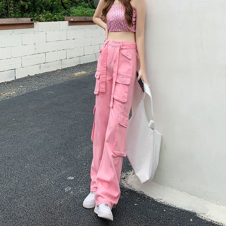 Pink cool overalls for women in spring high waist slim loose straight leg popular casual wide leg jeans
