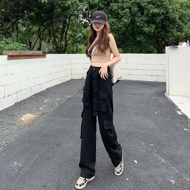 Pink cool overalls for women in spring high waist slim loose straight leg popular casual wide leg jeans