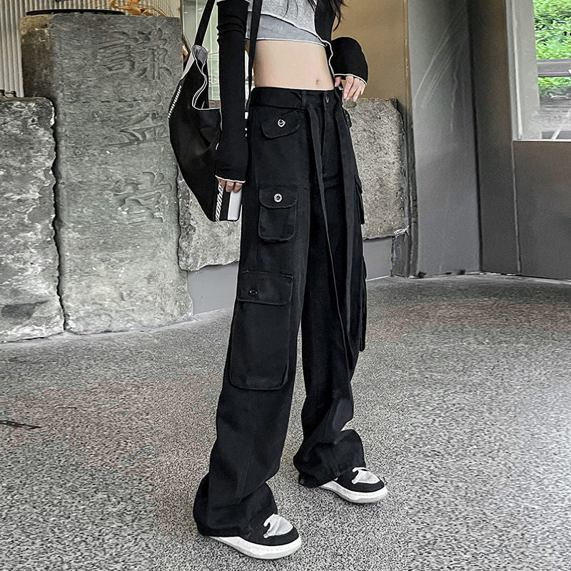 P black American retro denim overalls women's autumn clothing European and American high street vibe niche design wide-leg trousers