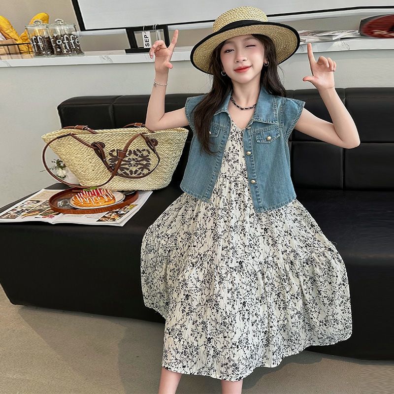 P girls summer summer denim vest two-piece set