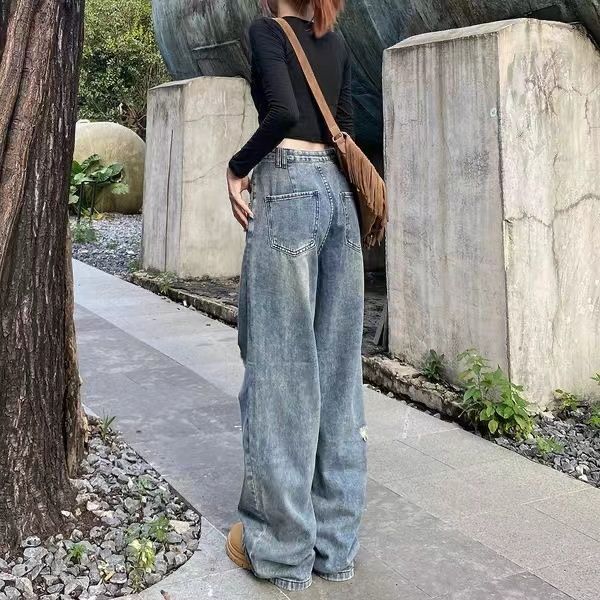 P American vibe ripped wide-leg jeans women's summer Korean version ins high waist and thin loose versatile straight-leg pants tide