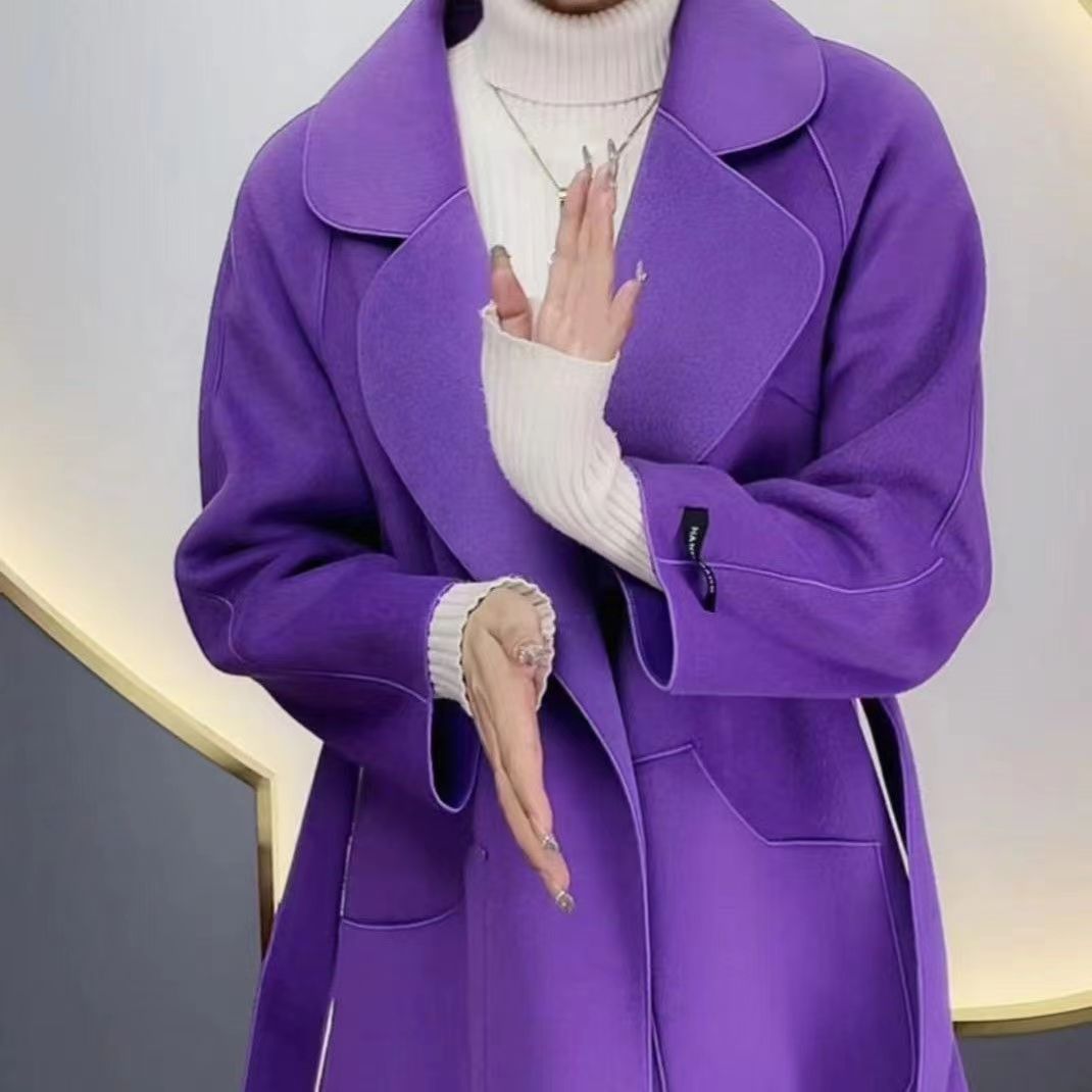 P long double-sided woolen coat fashionable waist woolen coat women's coat trendy coat