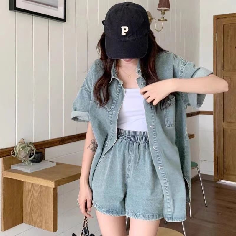 P summer short-sleeved casual loose and thin retro denim shirt and shorts two-piece set