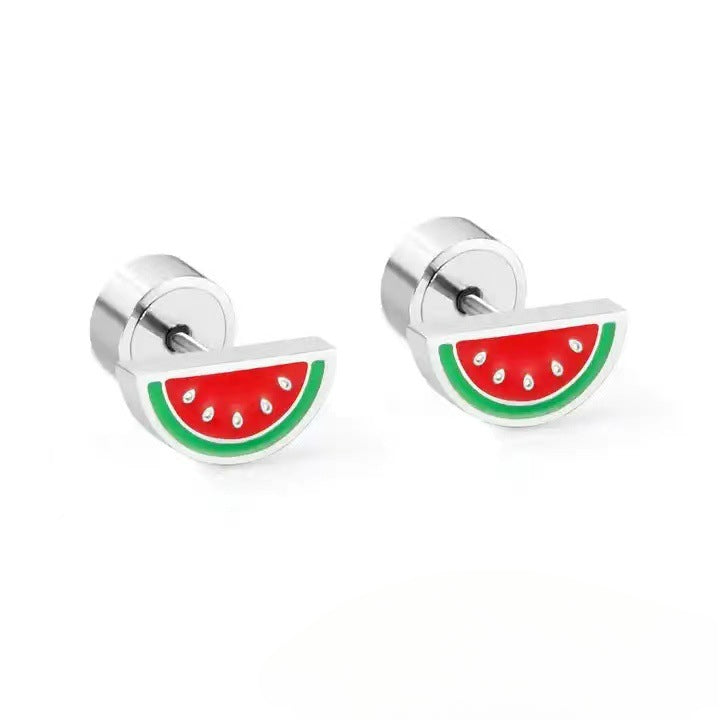 A European and American cross-border fashion dripping oil stainless steel rainbow watermelon strawberry fruit ear nails trendy personality factory direct sales - Mixbatch