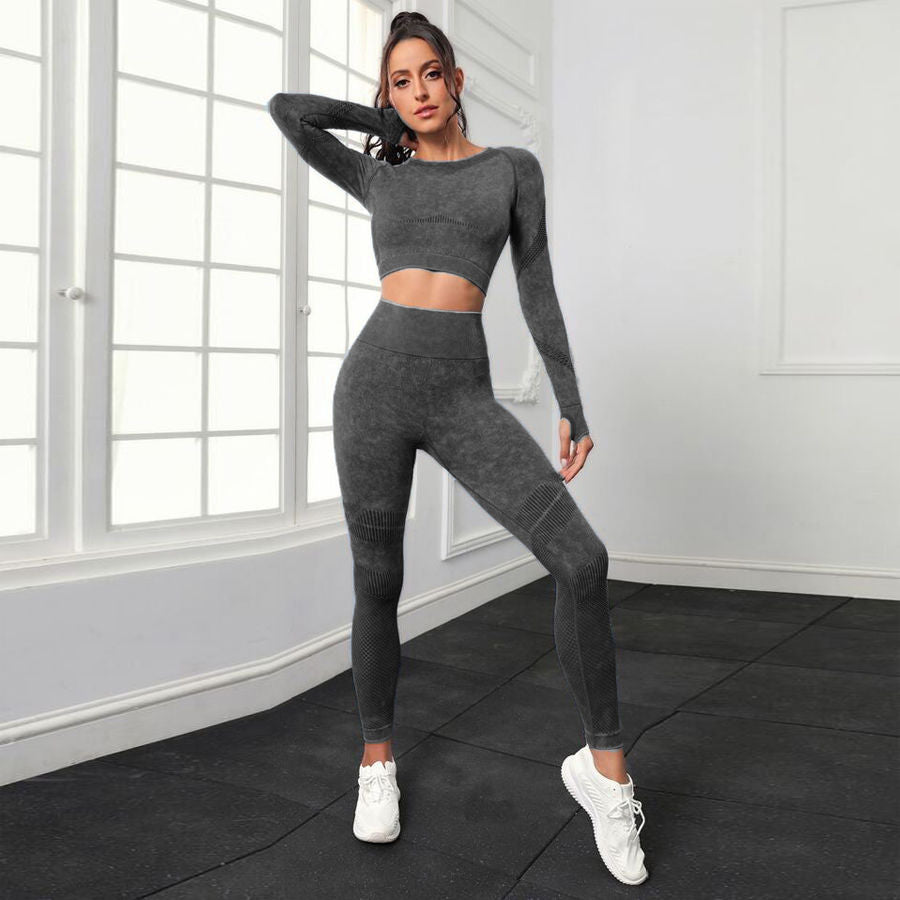 P new fashion washed hip lift high waist sports fitness pants two-piece set mesh tight long sleeve yoga fitness set