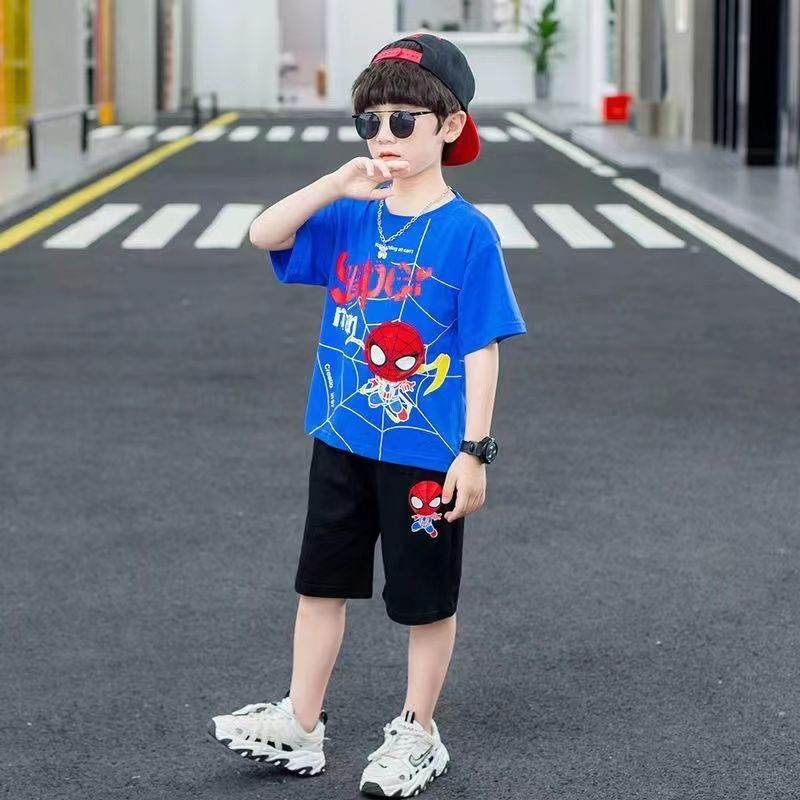 P pure cotton boys summer suit new spider-man children's short-sleeved casual two-piece set Korean version two-piece set tide