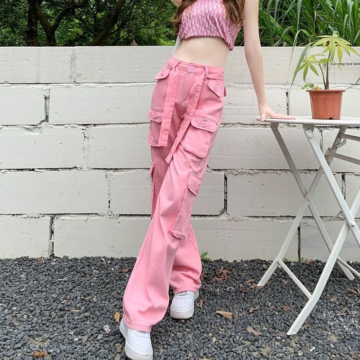 Pink cool overalls for women in spring high waist slim loose straight leg popular casual wide leg jeans
