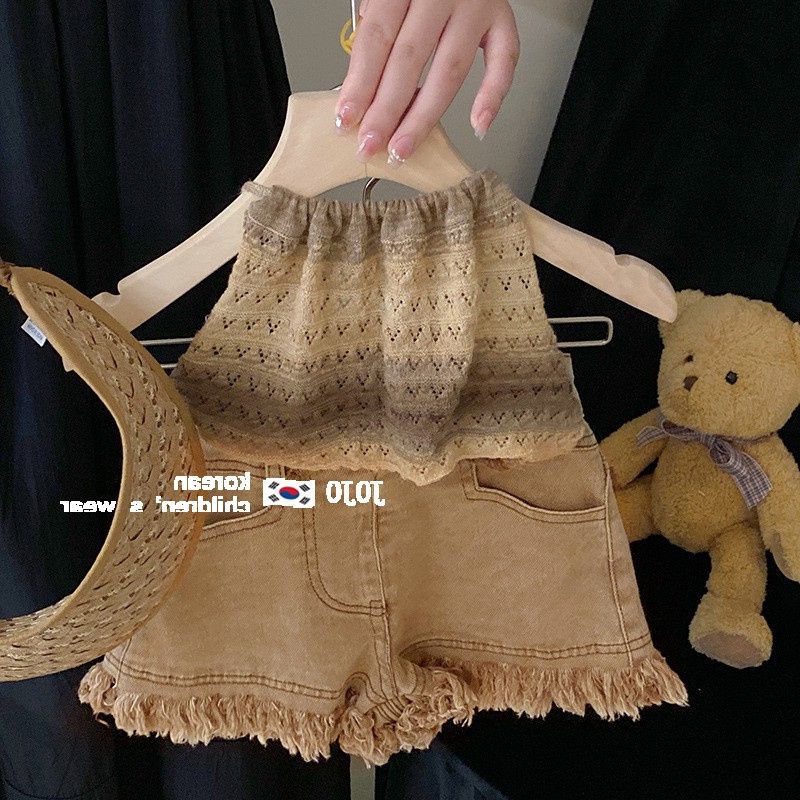 P summer new children's baby girl foreign style Korean version neck vest jeans two-piece set trendy