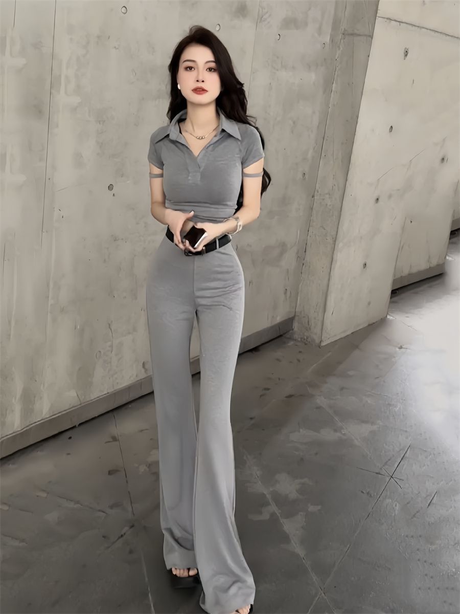 P summer new Spice Girl design short top + high waist and thin pants