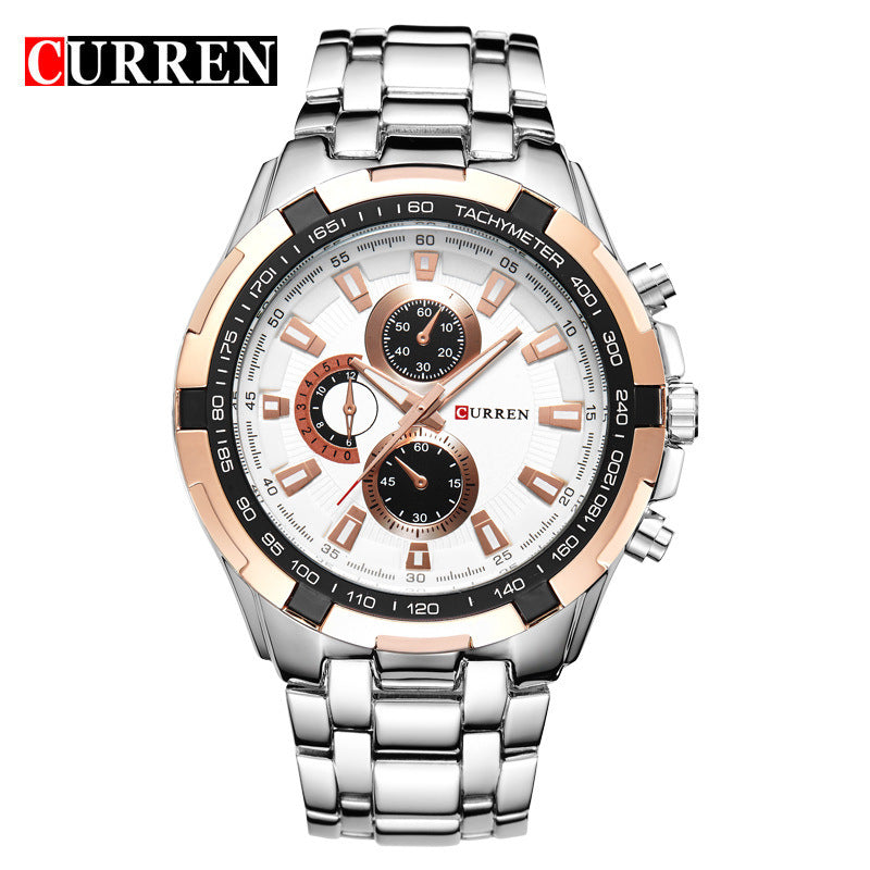 A 8023 Men's Watch European and American Popular Men's Watch Business Steel Strap Large Dial Waterproof Quartz Watch - Mixbatch