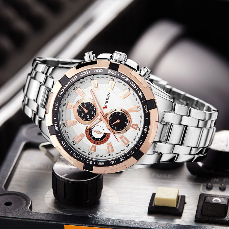 A 8023 Men's Watch European and American Popular Men's Watch Business Steel Strap Large Dial Waterproof Quartz Watch - Mixbatch