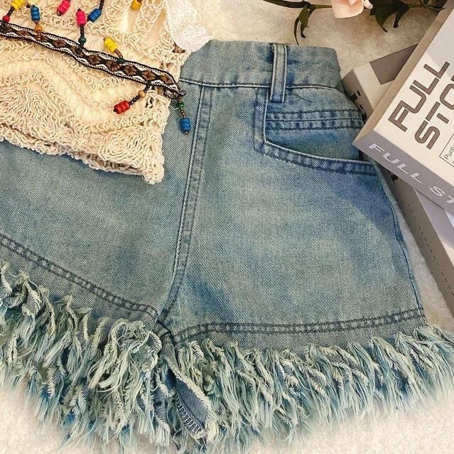 P children's explosive hollow vest sling children's denim shorts three-piece set