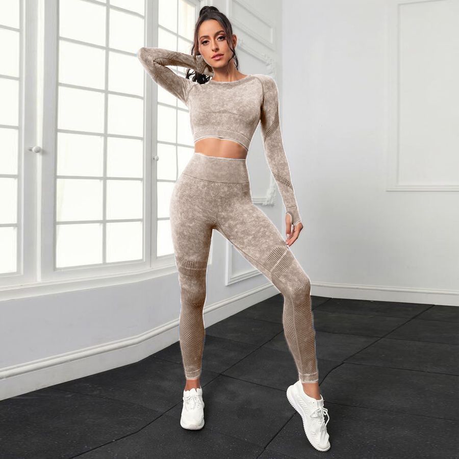 P new fashion washed hip lift high waist sports fitness pants two-piece set mesh tight long sleeve yoga fitness set