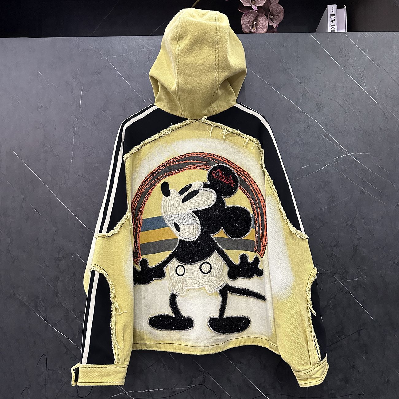 P Spring and Autumn New Heavy Industry Design Sense Cartoon Mickey Hooded Cardigan Sweater