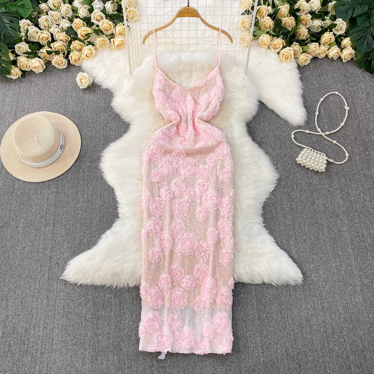 P socialite beautiful three-dimensional flower sweet age-reducing suspender dress women's summer high-end sequins slim princess dress