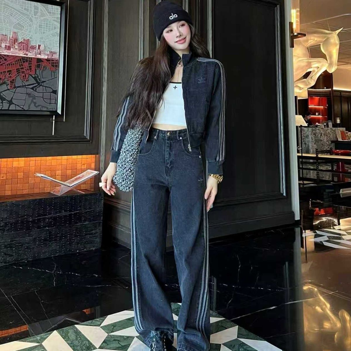 P denim jacket two-piece set
