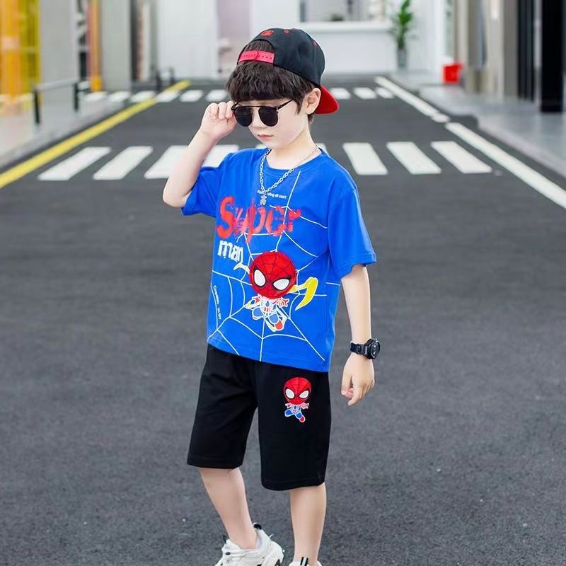 P pure cotton boys summer suit new spider-man children's short-sleeved casual two-piece set Korean version two-piece set tide