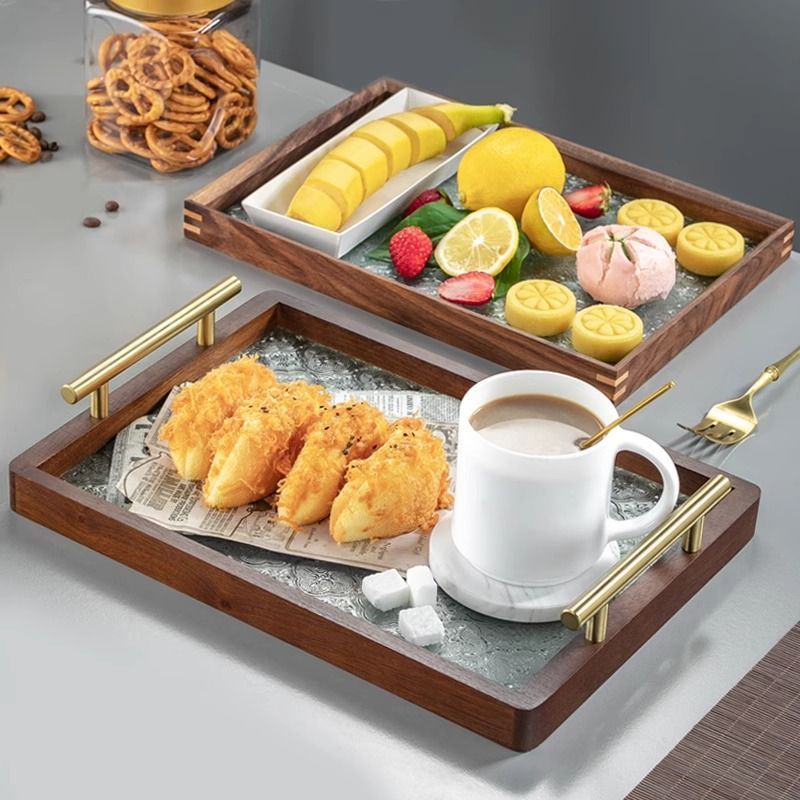P Solid wood glass tray Small household rectangular walnut solid wood cup storage Fruit living room coffee table Tea snack plate
