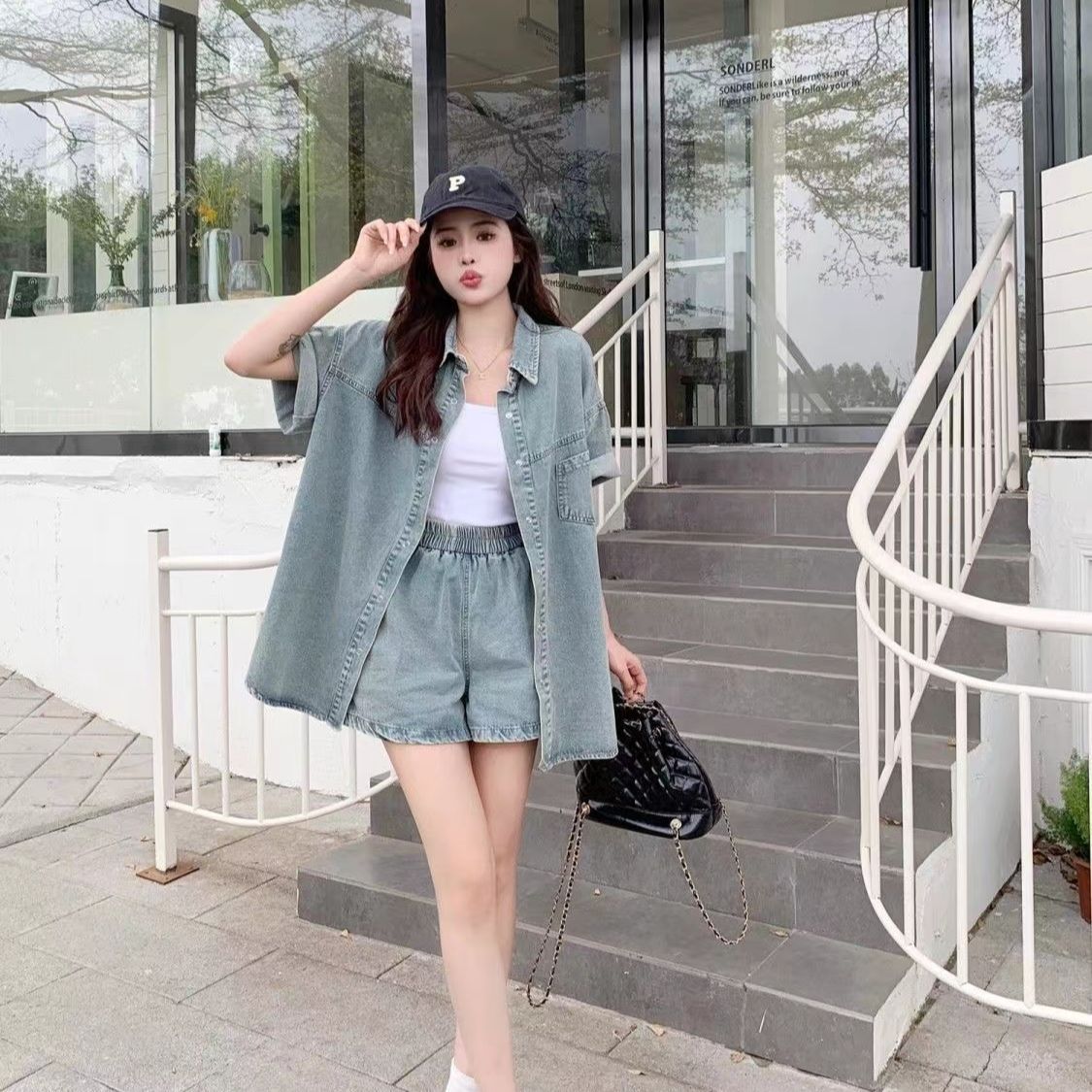 P summer short-sleeved casual loose and thin retro denim shirt and shorts two-piece set