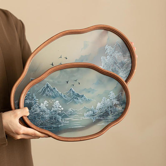 P landscape glass tray retro bamboo dry brewed tea tray fruit snack tray kung fu tea set tea cup storage tray
