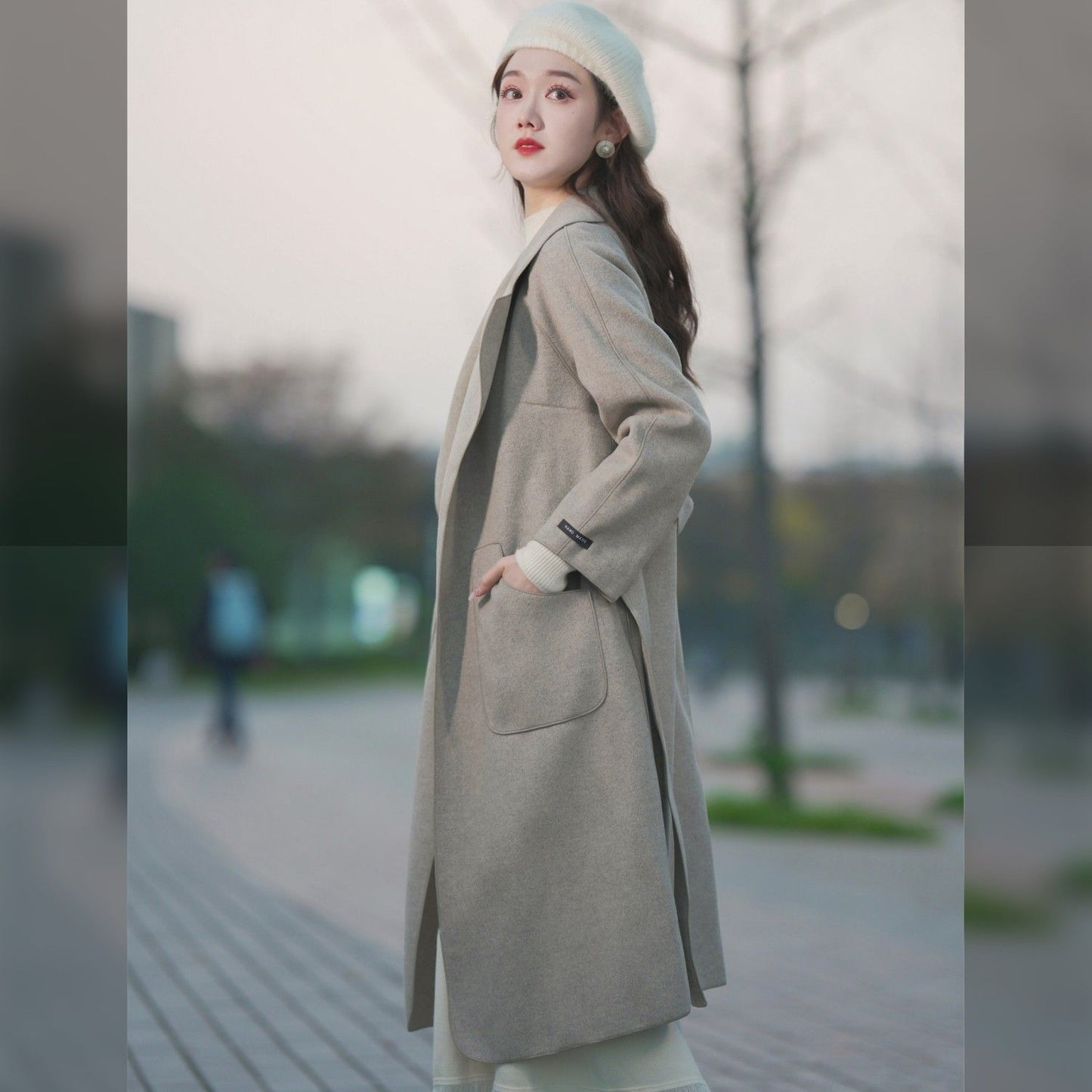 P long double-sided woolen coat fashionable waist woolen coat women's coat trendy coat