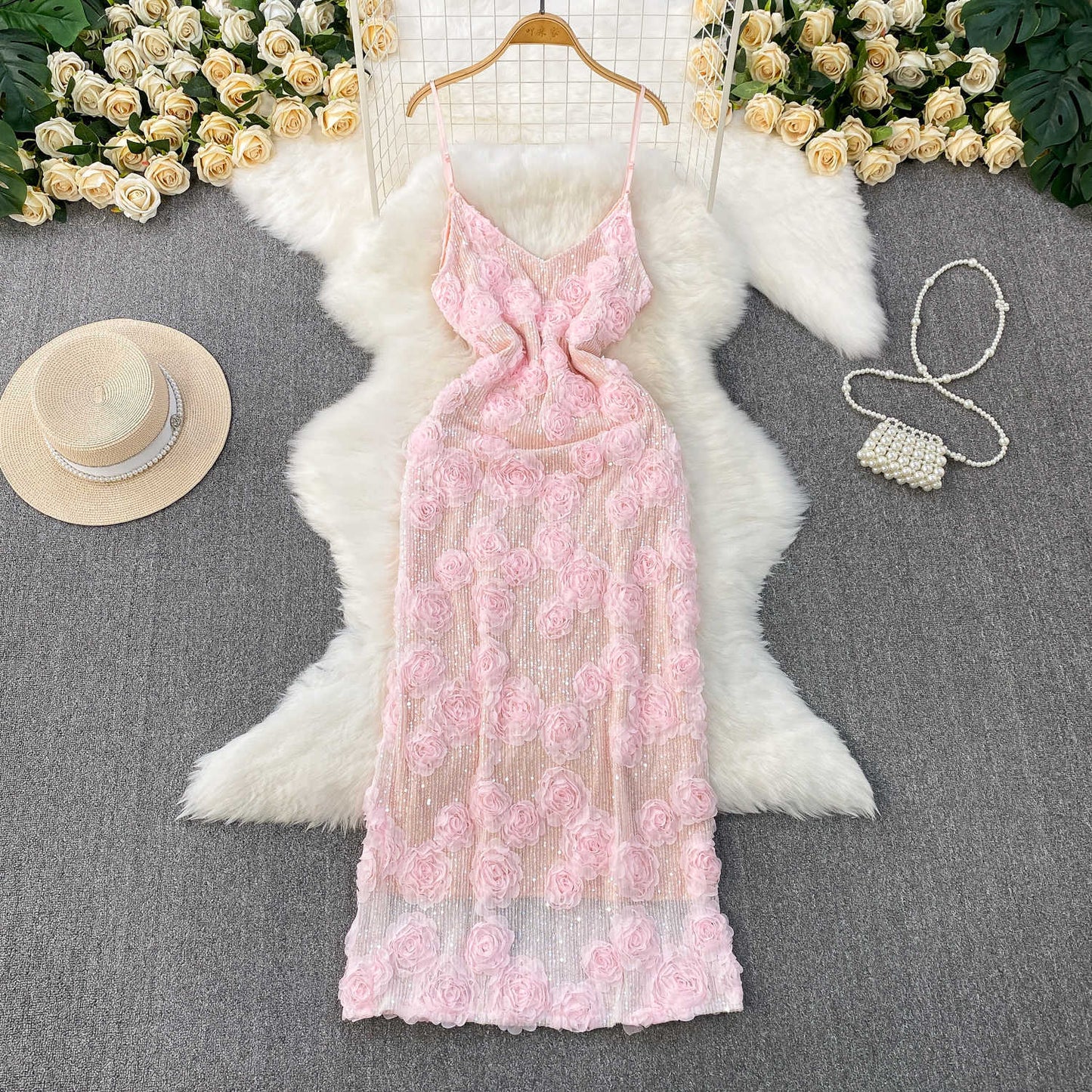 P socialite beautiful three-dimensional flower sweet age-reducing suspender dress women's summer high-end sequins slim princess dress