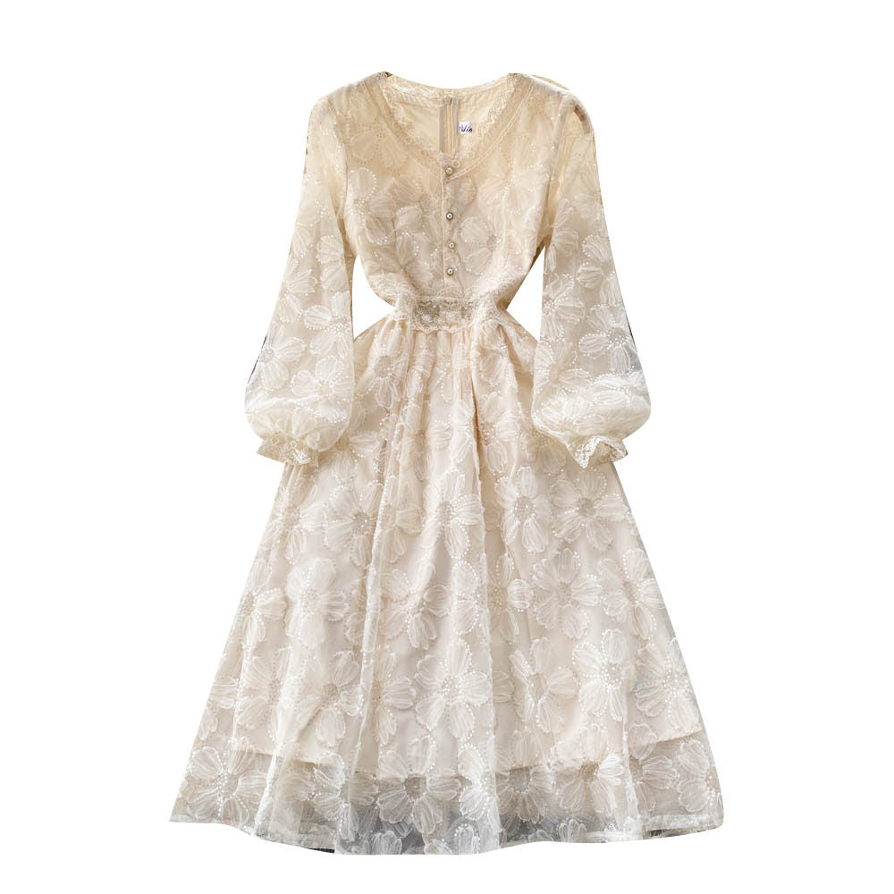 P Gentle Wind Feminine Flavor Waist Skinny Long Sleeve First Love Skirt A-word Skirt Elegant Temperament V-Neck Lace Even...