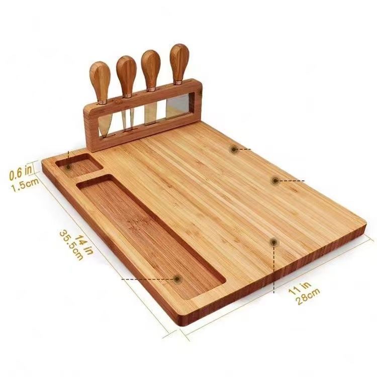 A Bamboo Plate Western Food Outdoor Pizza Plate with Knife Set Cutting Board Convenient Wooden Tray Cheese Board Set
