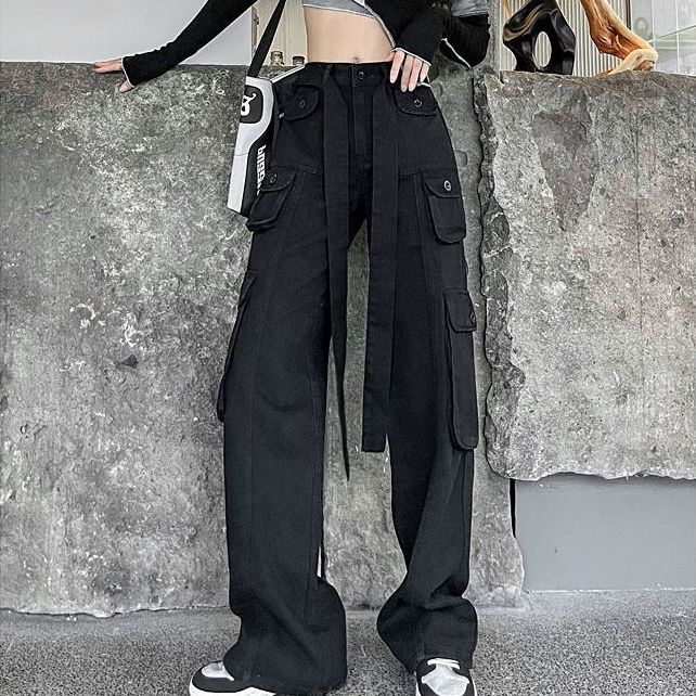 P black American retro denim overalls women's autumn clothing European and American high street vibe niche design wide-leg trousers