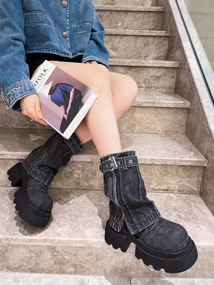 P Martin Boots Denim Fake Two Piece Pile Boots Locomotive Boots Short Boots Spice Girls Zipper Women's Shoes