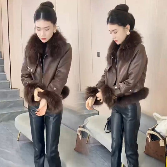 P fur collar leather jacket