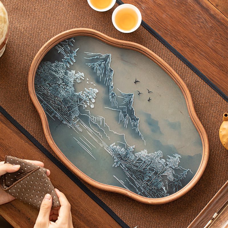 P landscape glass tray retro bamboo dry brewed tea tray fruit snack tray kung fu tea set tea cup storage tray