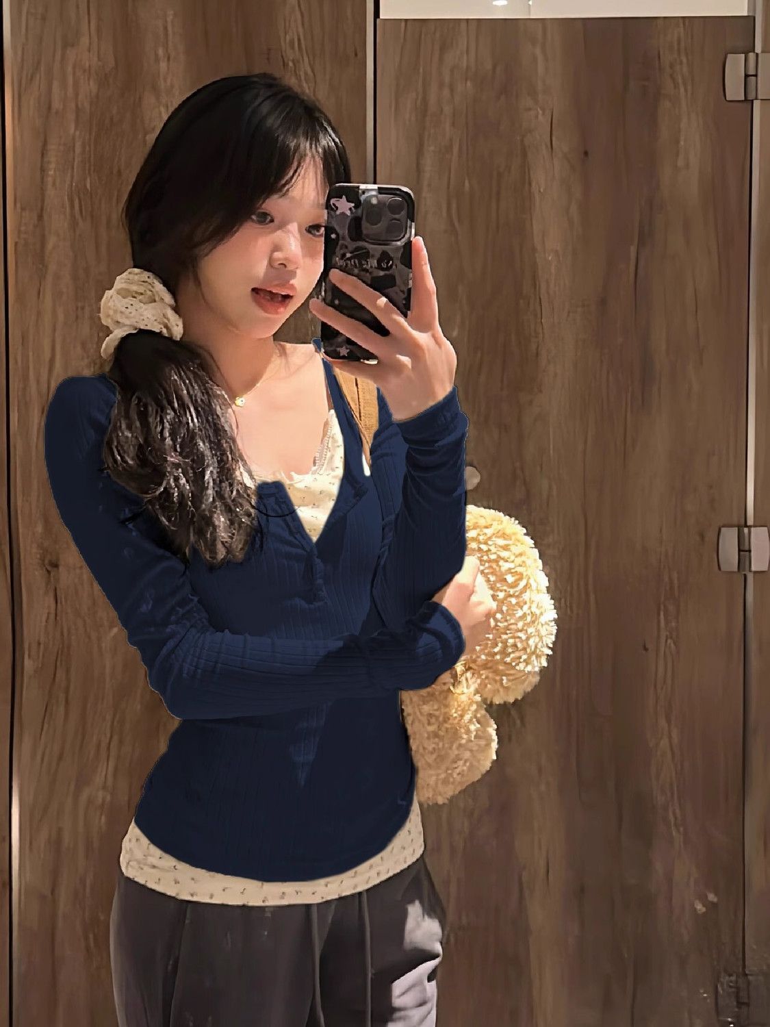P bm wind pure lace floral fake two long-sleeved t-shirt women's spring autumn and winter inner bottoming shirt tight waist top