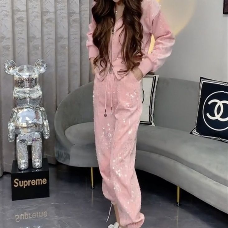 A ny sequined zipper hooded sweater women's foot mouth elastic two-piece set