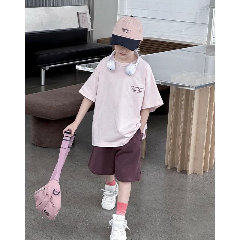 P foreign style new short-sleeved shorts boys handsome summer two-piece set trendy
