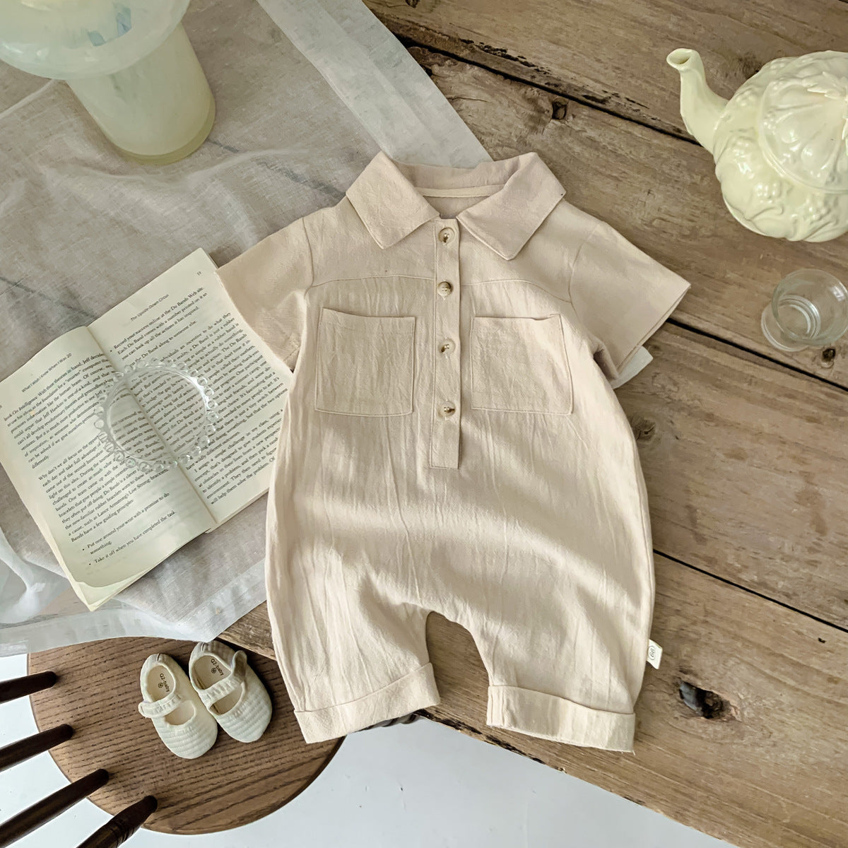 A children's clothing in stock Instagram style Korean version baby short sleeved jumpsuit for boys with open chest lapel work piece climbing suit - Mixbatch