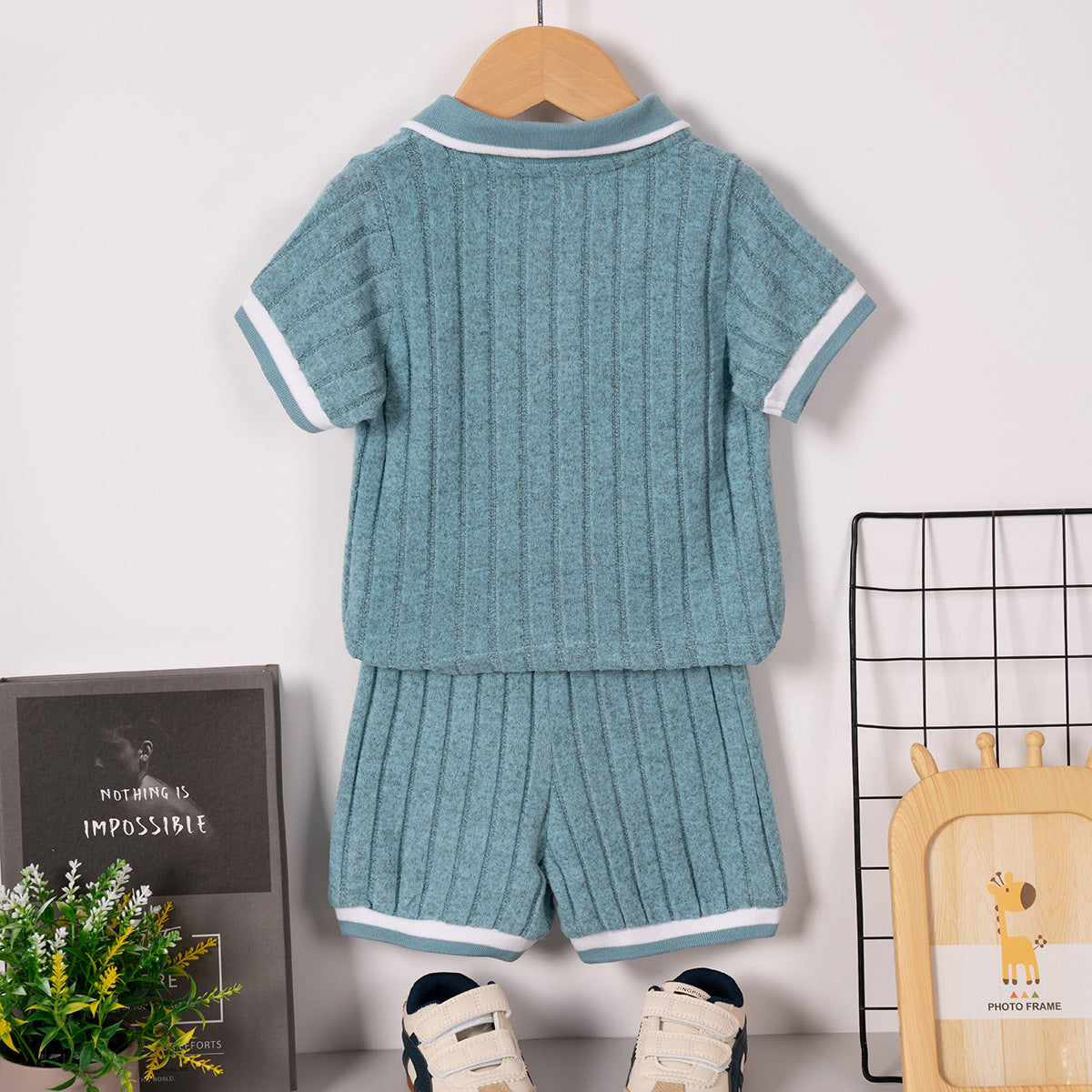 A summer boys short-sleeved shorts set two-piece set Polo collar British style solid color set shein popular - Mixbatch