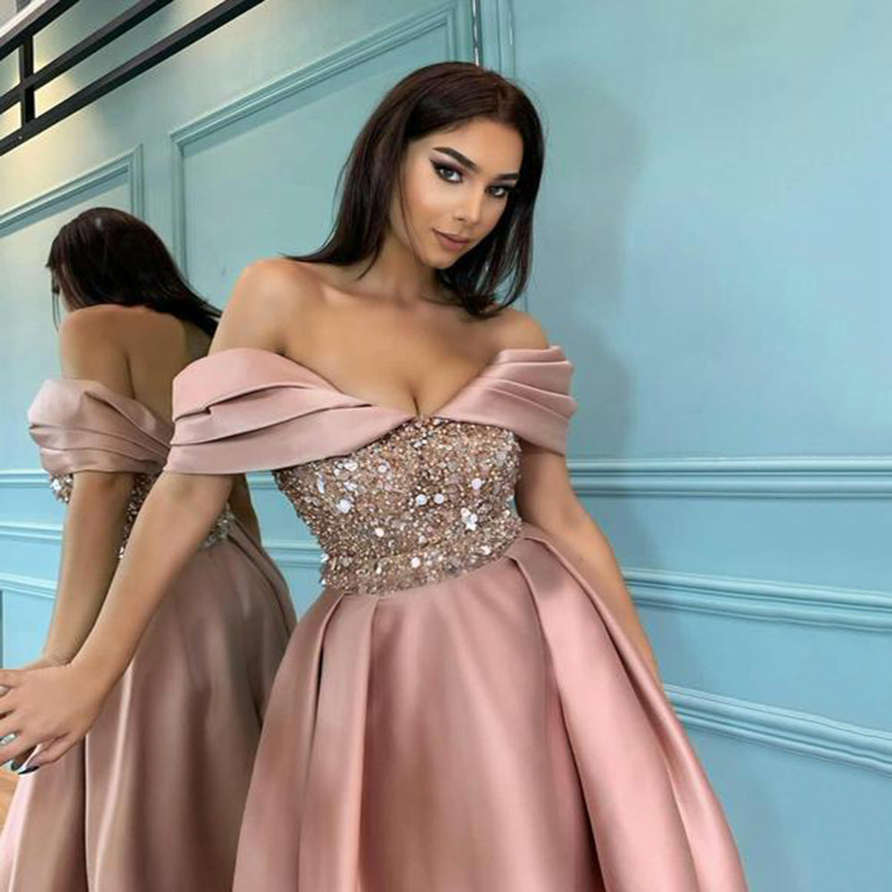 A Spring simple and atmospheric long and thin sequins off-the-shoulder banquet evening dress dress